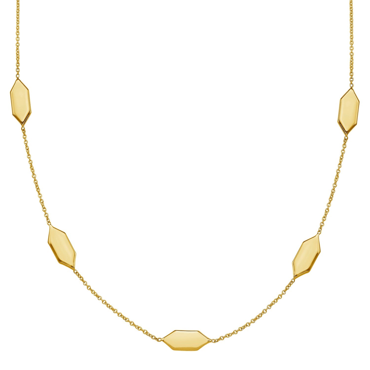 Elongated Hexagon Necklace in 14K Yellow Gold in a sleek high-contrast midnight luxury editorial style